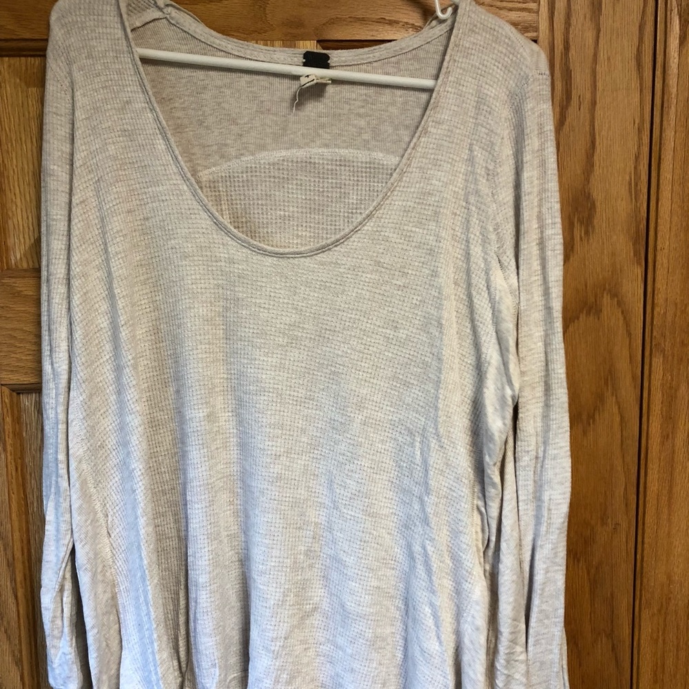 Free People Light oatmeal color Waffle Scoop Neck Long Sleeve Top